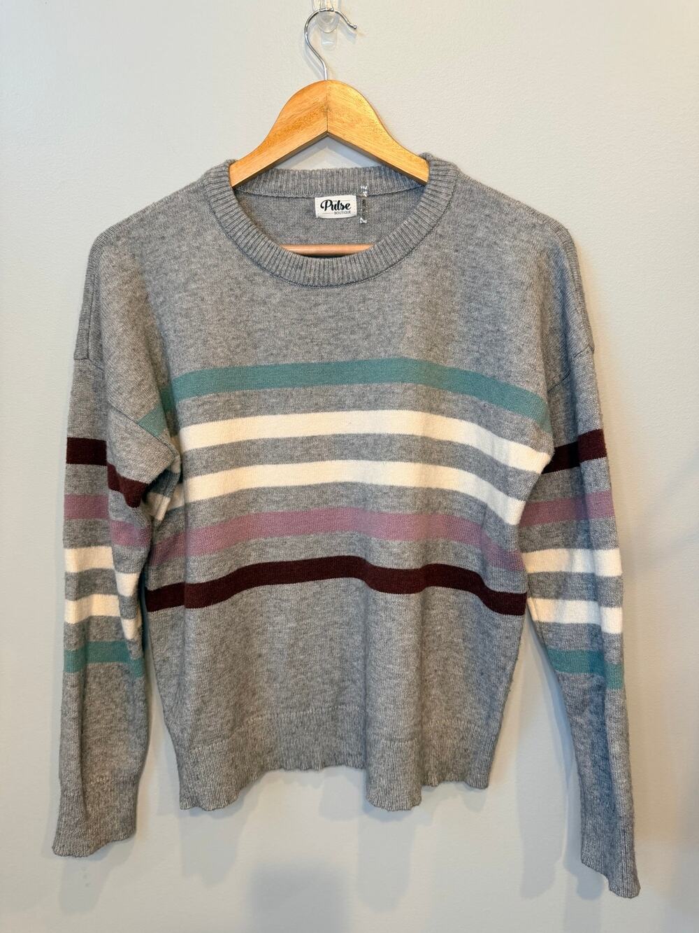 Pulse Boutique Striped Crewneck Knit Pullover Sweater Gray Multi Color Sz Large